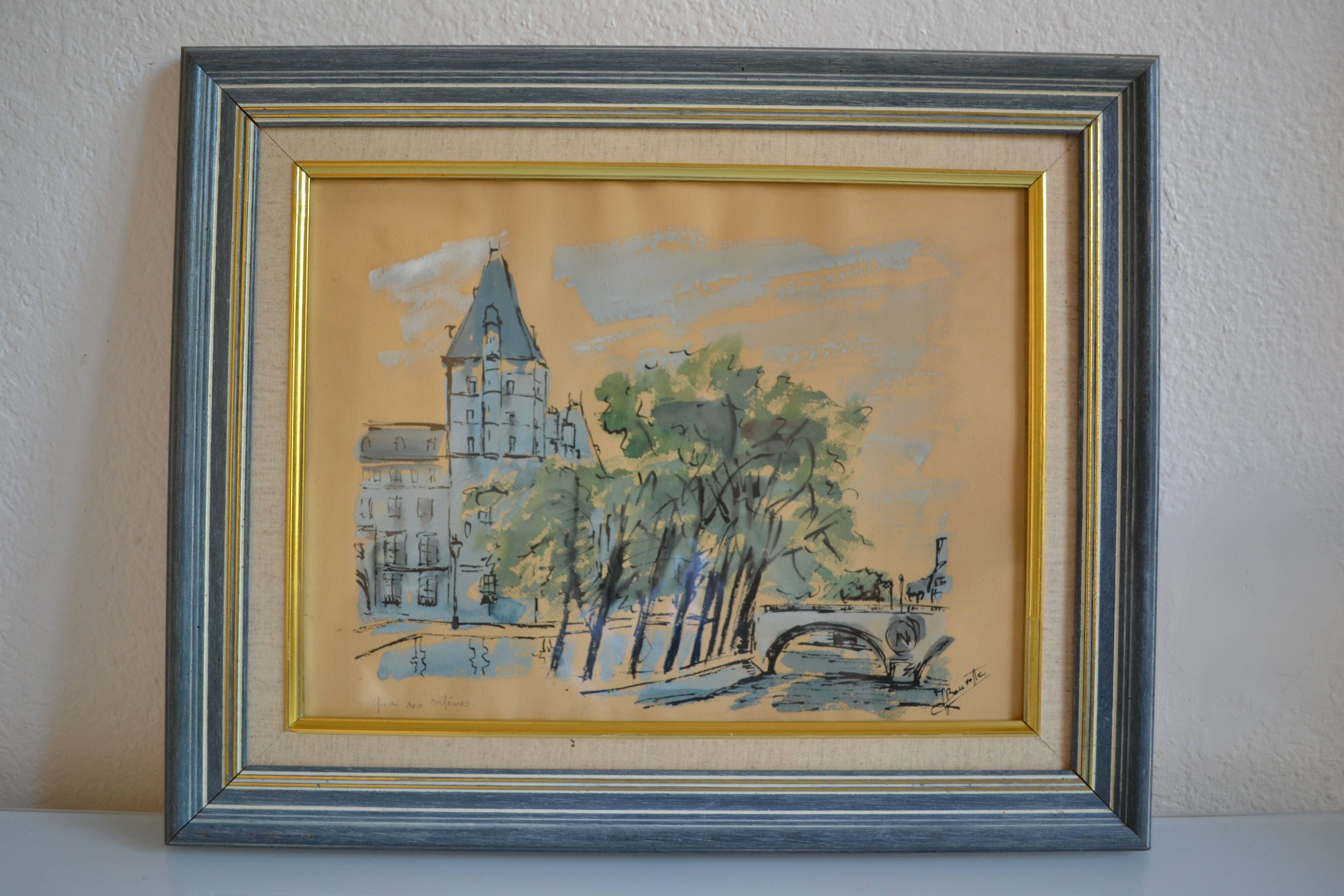 Paris the quai des orfèvres and the pont saint michel painting framed under glass