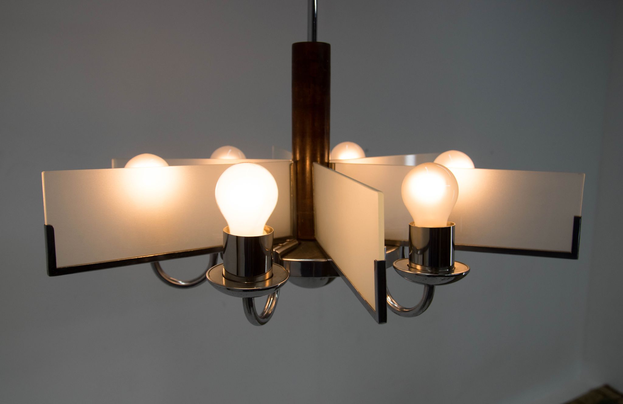 Art Deco Chandelier Made of Chrome, Wood and Sandblasted Glass, 1940s