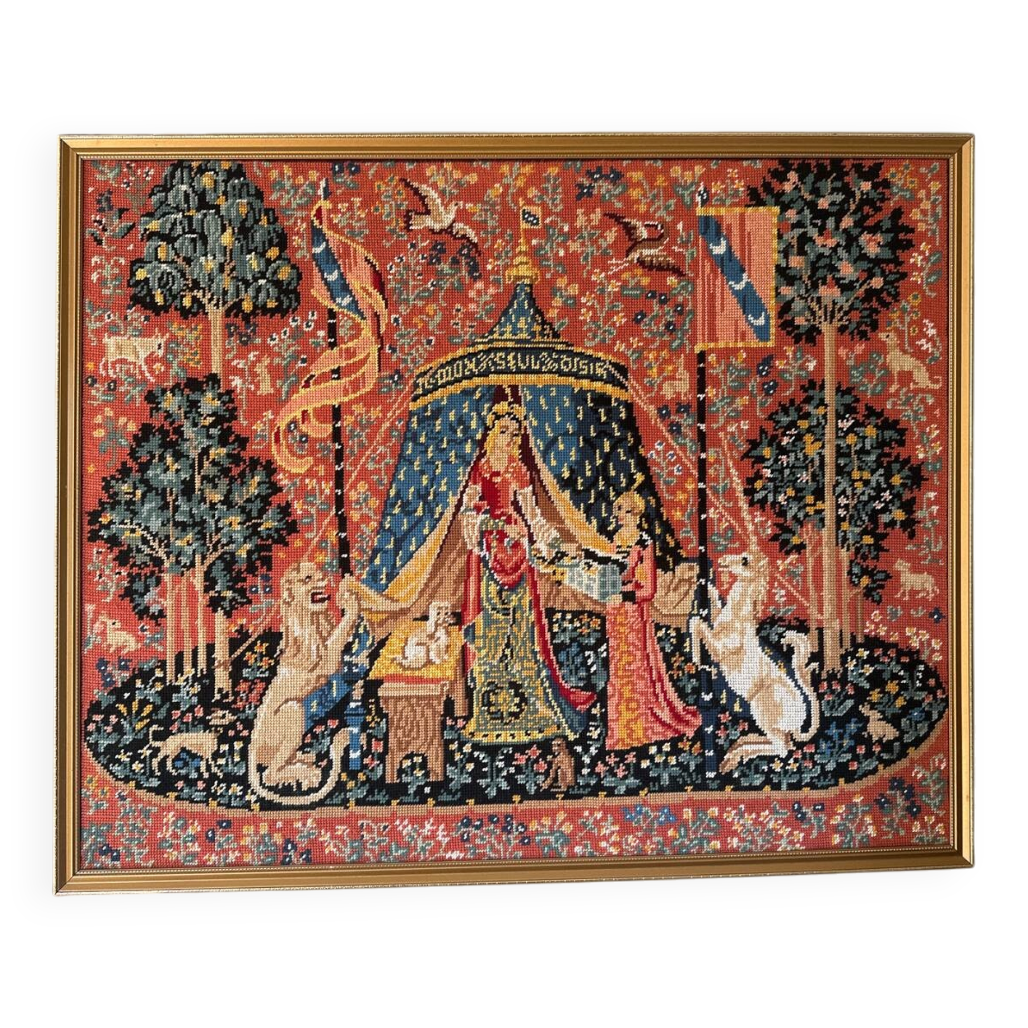 Large embroidered canvas "The Lady and the Unicorn" – To my only desire – Framed
