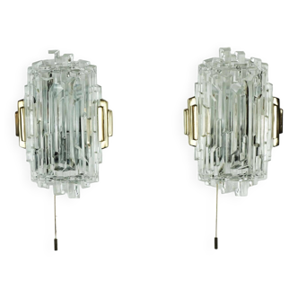 Pair of 1960s mid century wall lamps ice glass brass metal
