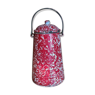 Red and white speckled milk jar in enamel