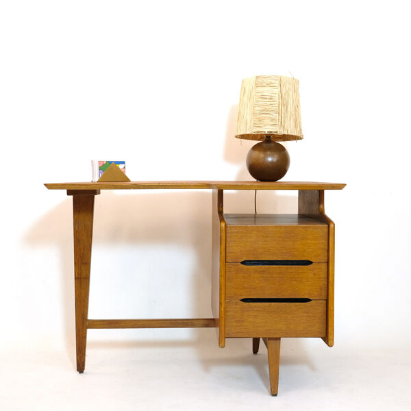 Bureau en chêne tripode, Jacques Hauville 1950