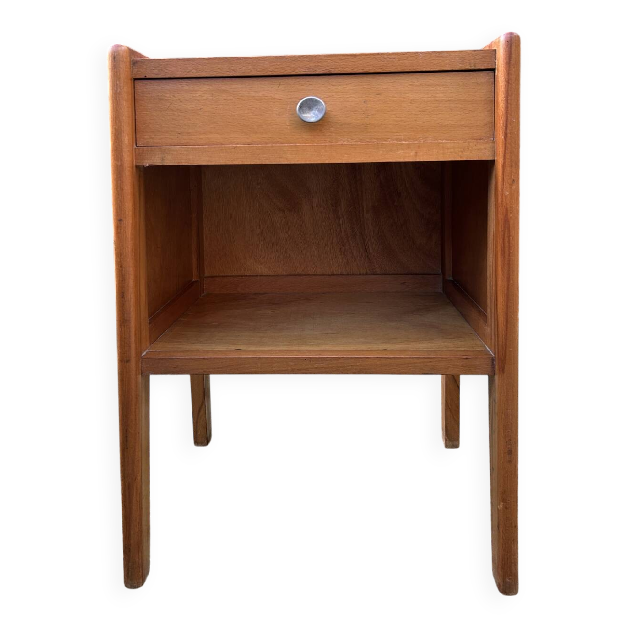 Wooden bedside table, warm tones, vintage, 1950s.