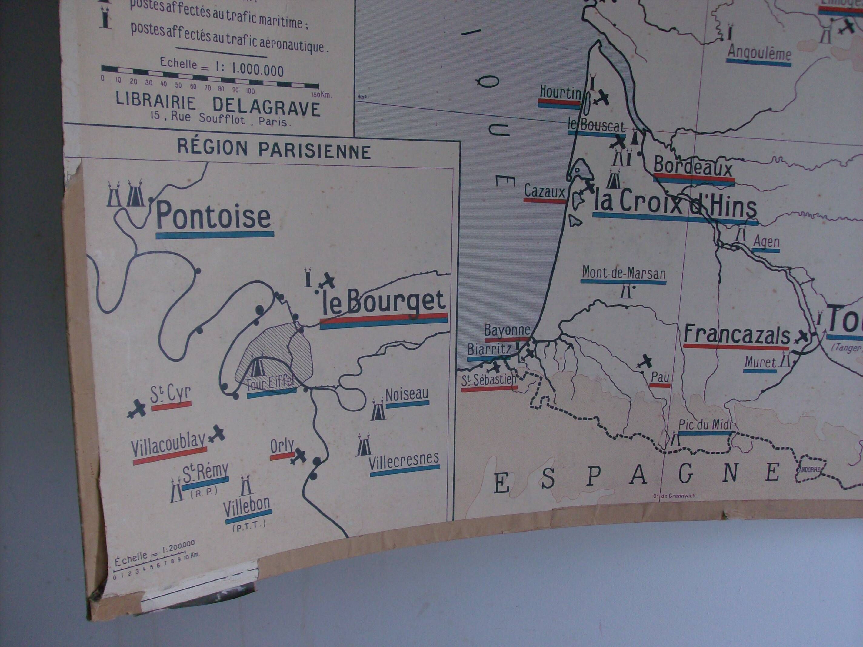 Old school map of geography France aviation waterways TSF by Gibert