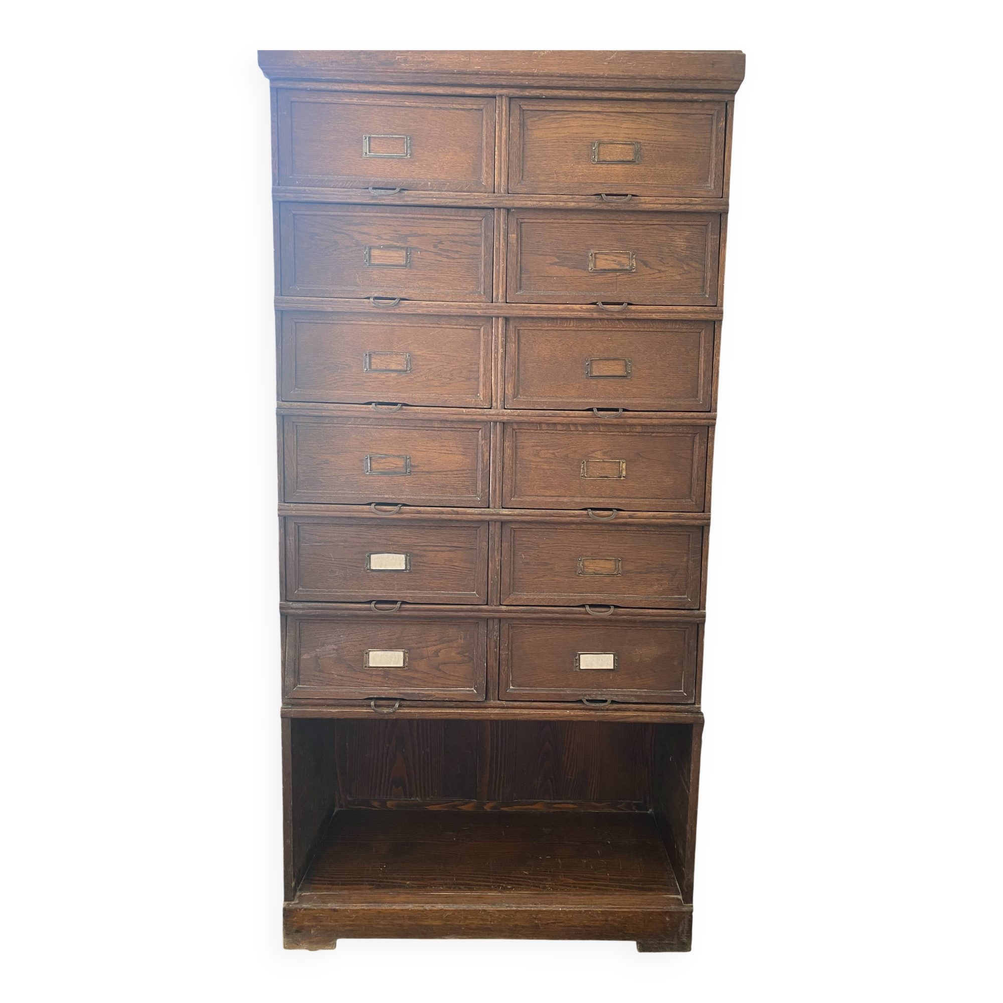 Antique tradesman's cabinet with 12 flap drawers + oak niche - 1930s
