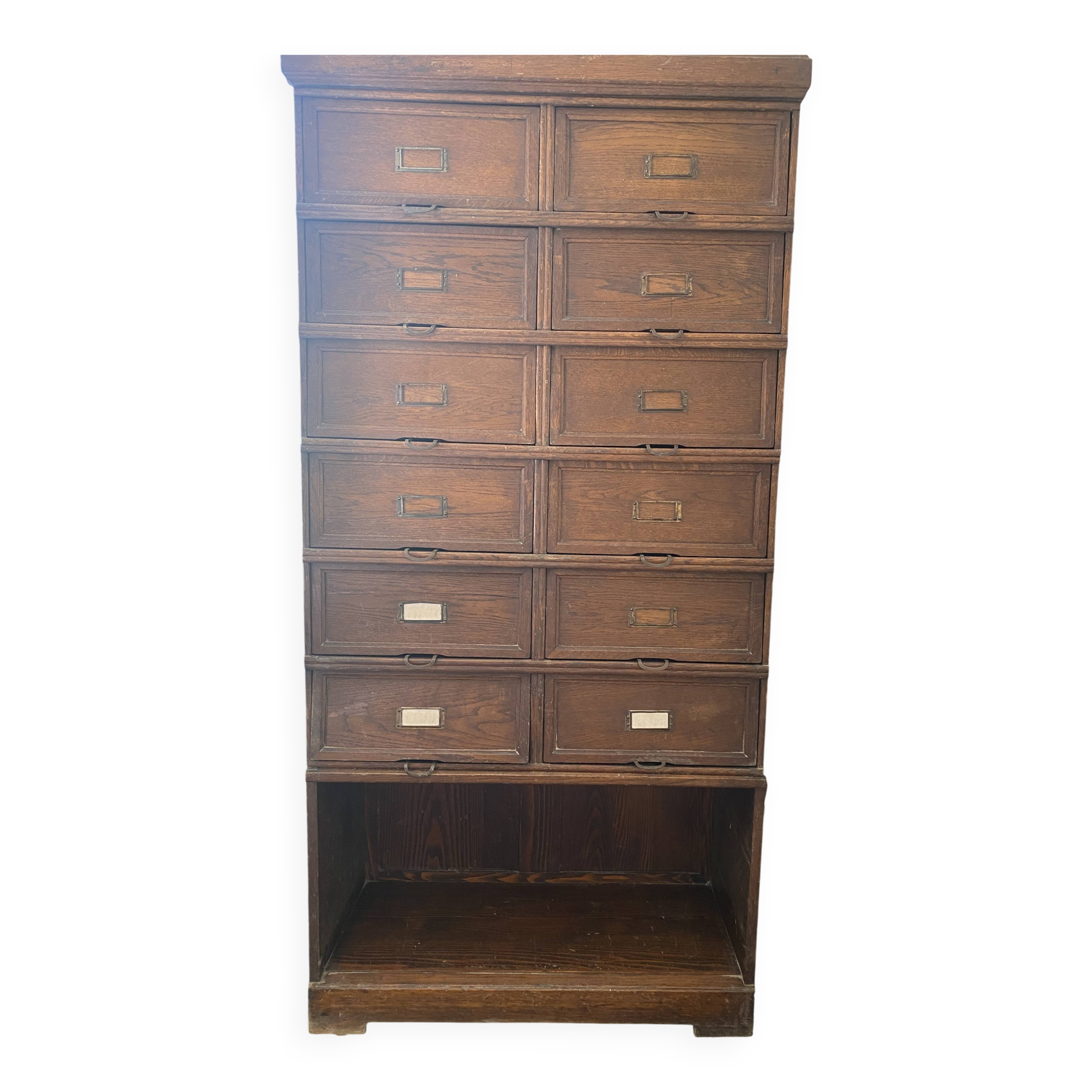Antique tradesman's cabinet with 12 flap drawers + oak niche - 1930s