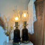 Pair of Napoleon III bronze and glass lamps