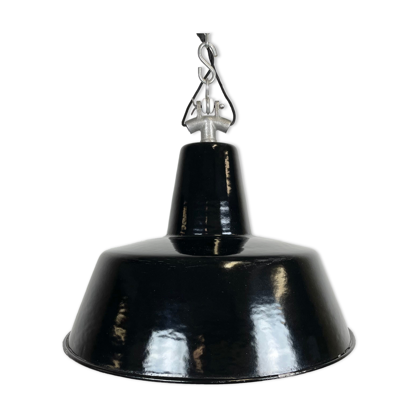 Black Enamel Industrial Factory Pendant Lamp, 1950s