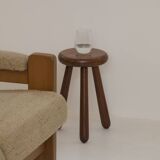 Vintage French tripod brutalist stool in solid wood (oak) C. 1960