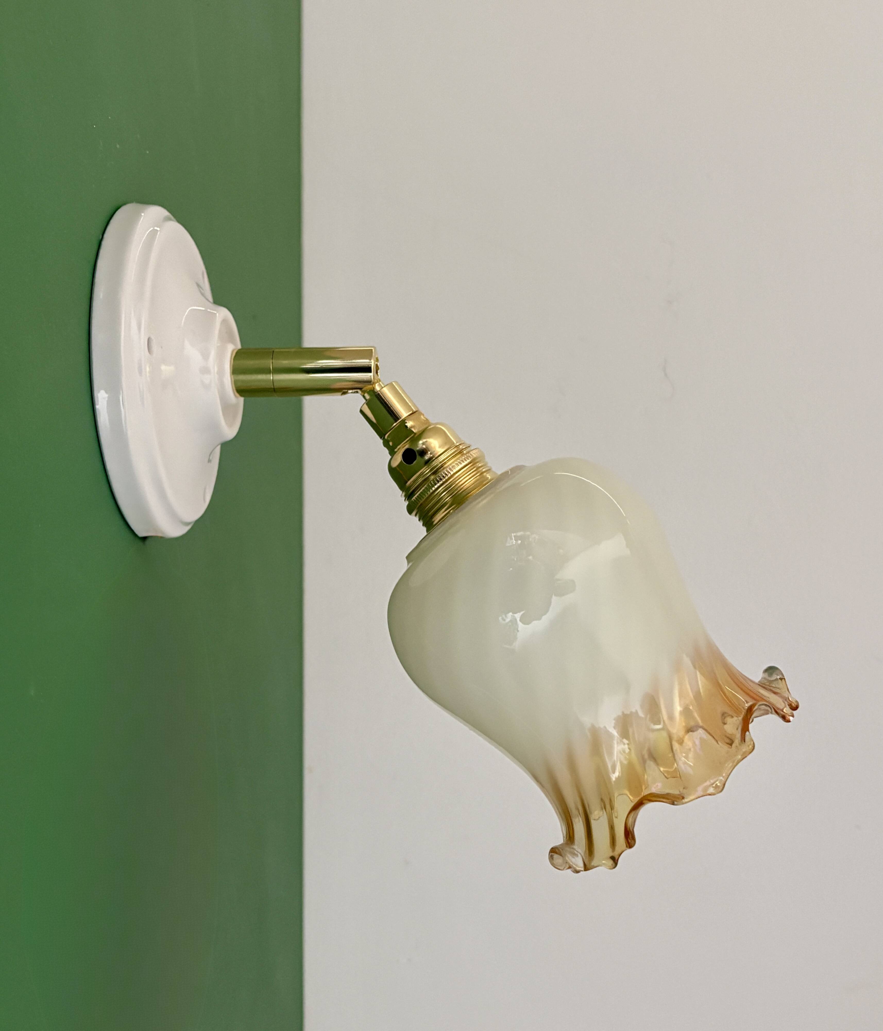 Vintage tulip wall light in white and amber glass