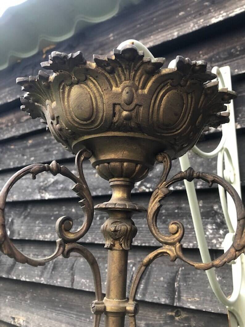 Antique French Napoleon III Brass & Bronze Opaline Glass Ceiling Light