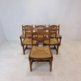 Ensemble de 6 chaises rasoir en chêne brutaliste, France, années 1960