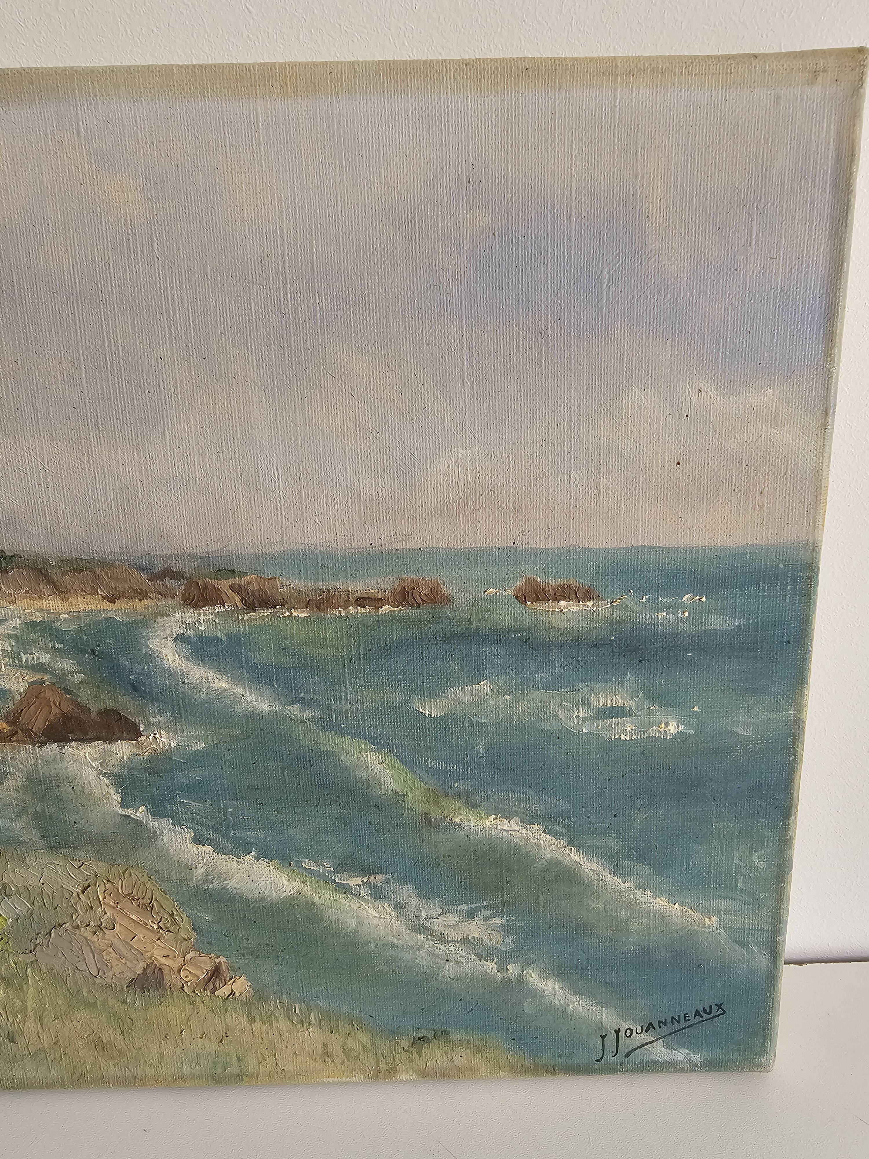 Tableau Oil on canvas - Atlantic coast landscape Cliffs signed Jouannea