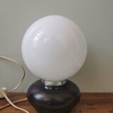 Vintage table lamp, white opaline globe, wooden base