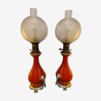 Pair of electrified nineteenth century kerosene lamp
