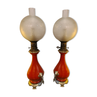 Pair of electrified nineteenth century kerosene lamp