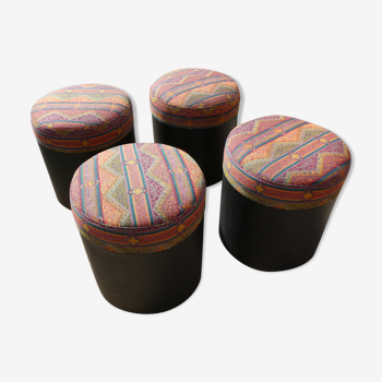 Set of 4 vintage round poufs printed Aztec