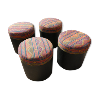 Set of 4 vintage round poufs printed Aztec