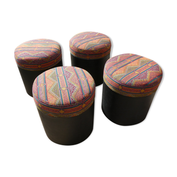Set of 4 vintage round poufs printed Aztec