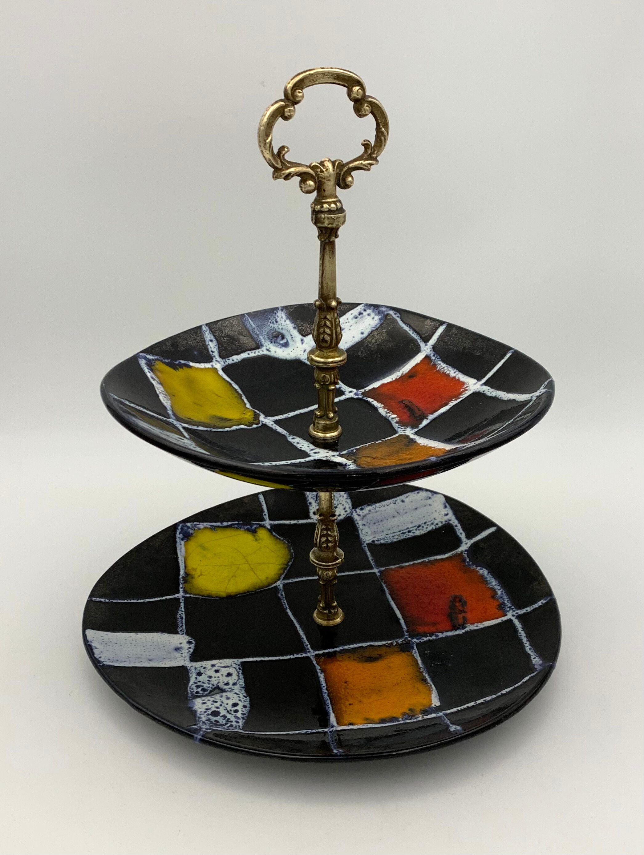 Vintage ceramic and brass cake display 1950s