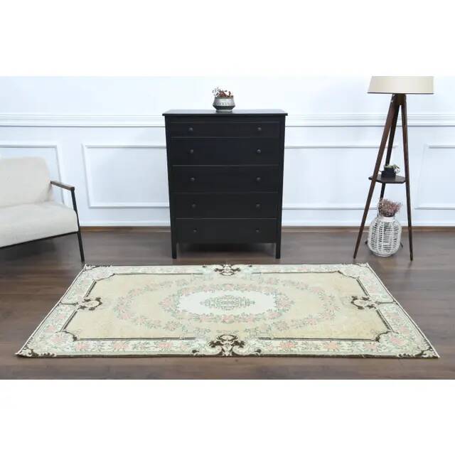 Vintage Turkish Oushak Handmade Wool Cotton Beige Area Rug 117x219