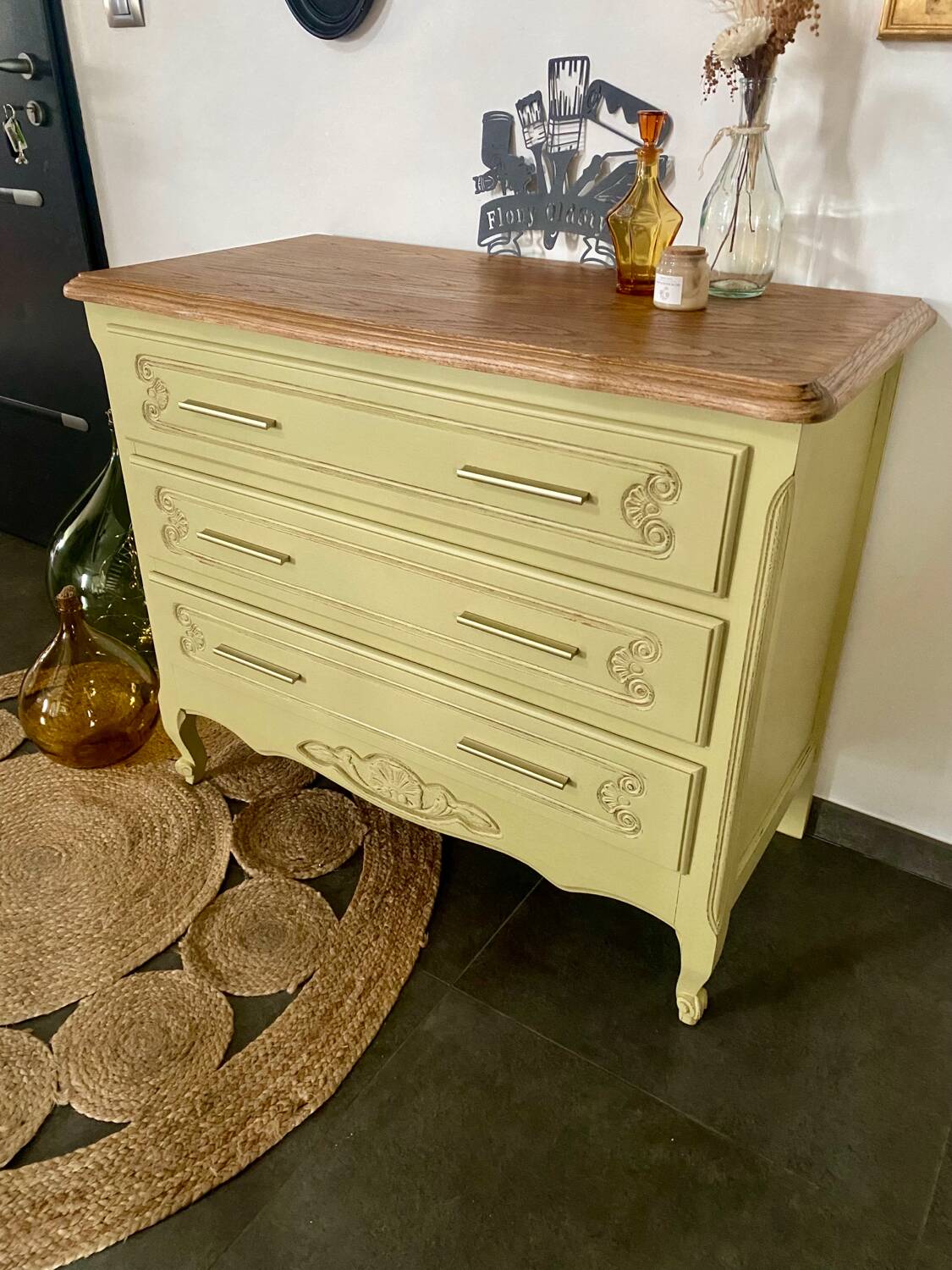 Vintage 3-drawer chest of drawers, redesigned in beige, green and wood