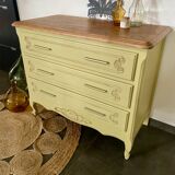 Commode vintage 3 tiroirs relooké beige vert et bois