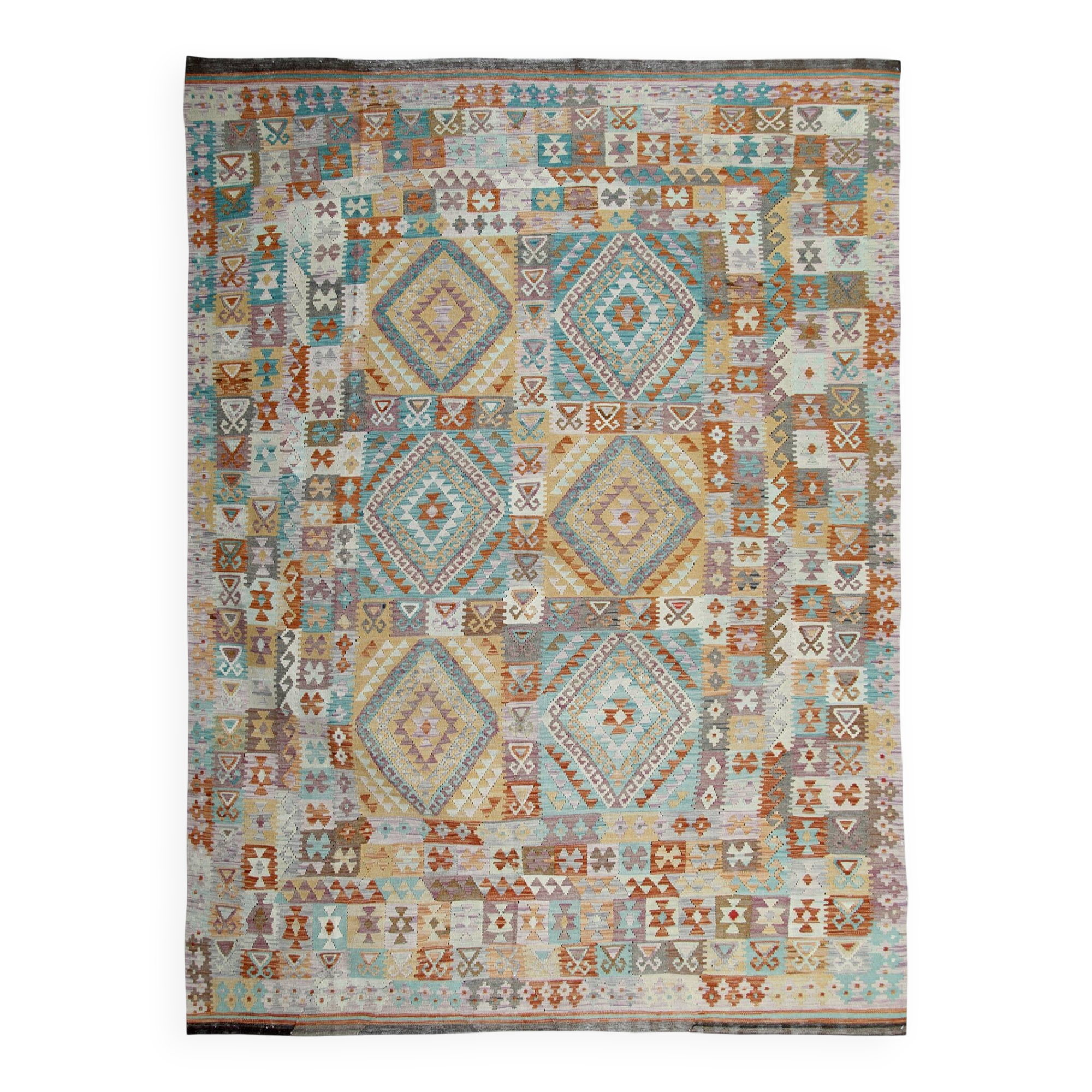 Handmade Grey Large  Kilim Rug, Geometric Flatweave Wool Carpet 294x218 cm