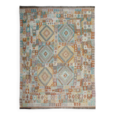 Grand tapis kilim gris fait main, tapis géométrique en laine tissée à plat 294 x 218 cm