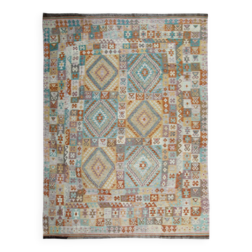 Handmade Grey Large  Kilim Rug, Geometric Flatweave Wool Carpet 294x218 cm