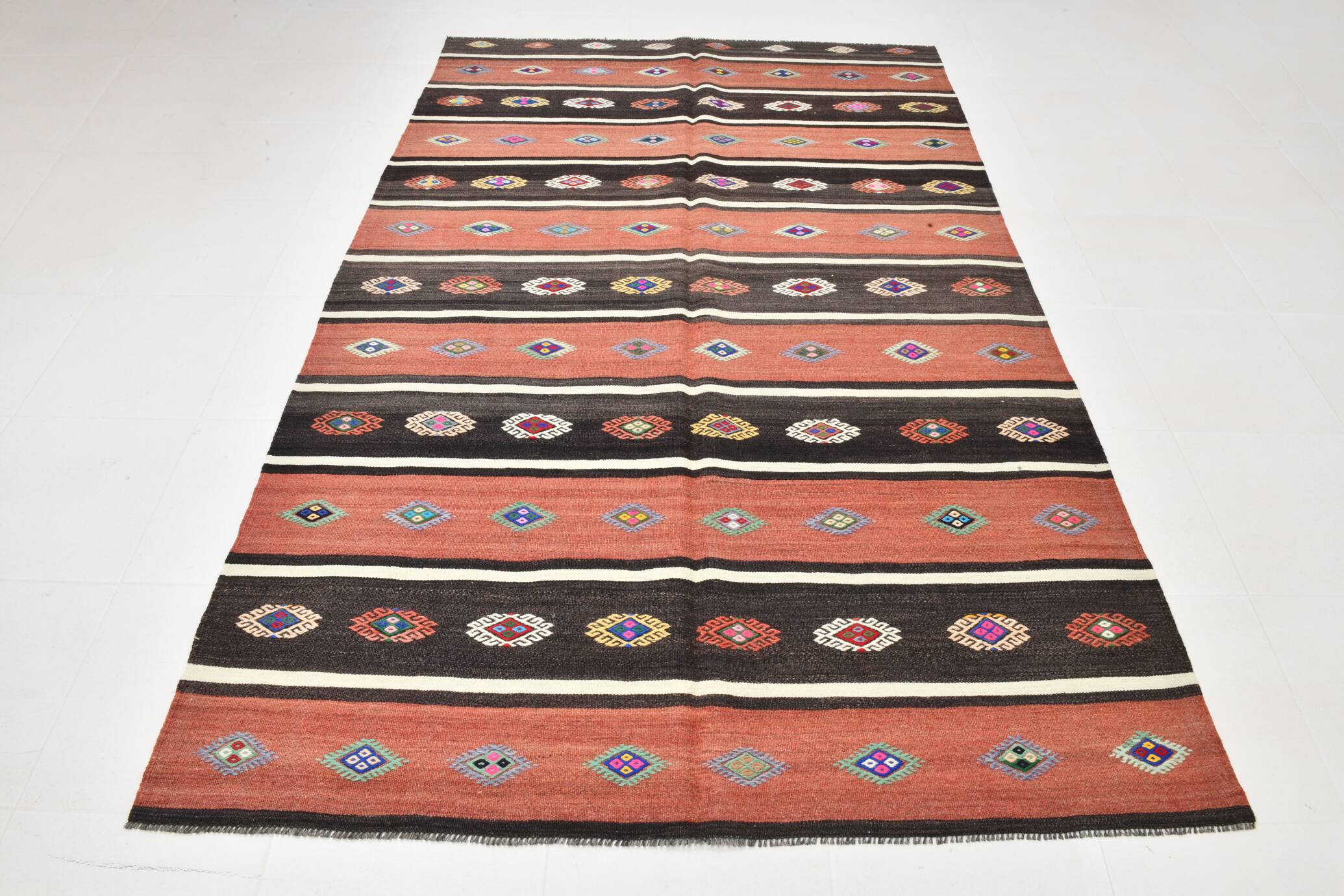 5x9 Red & Brown Striped Pattern Vintage Kilim Rug, 168x264Cm