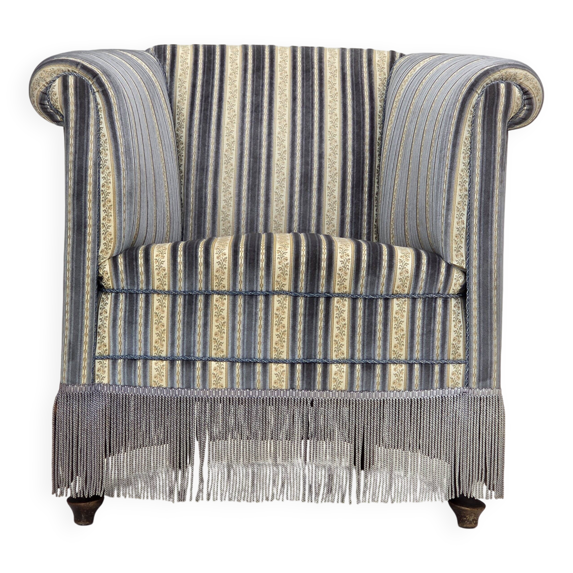 1960s, Danish lounge chair, blue/beige furniture velour, beech wood legs.