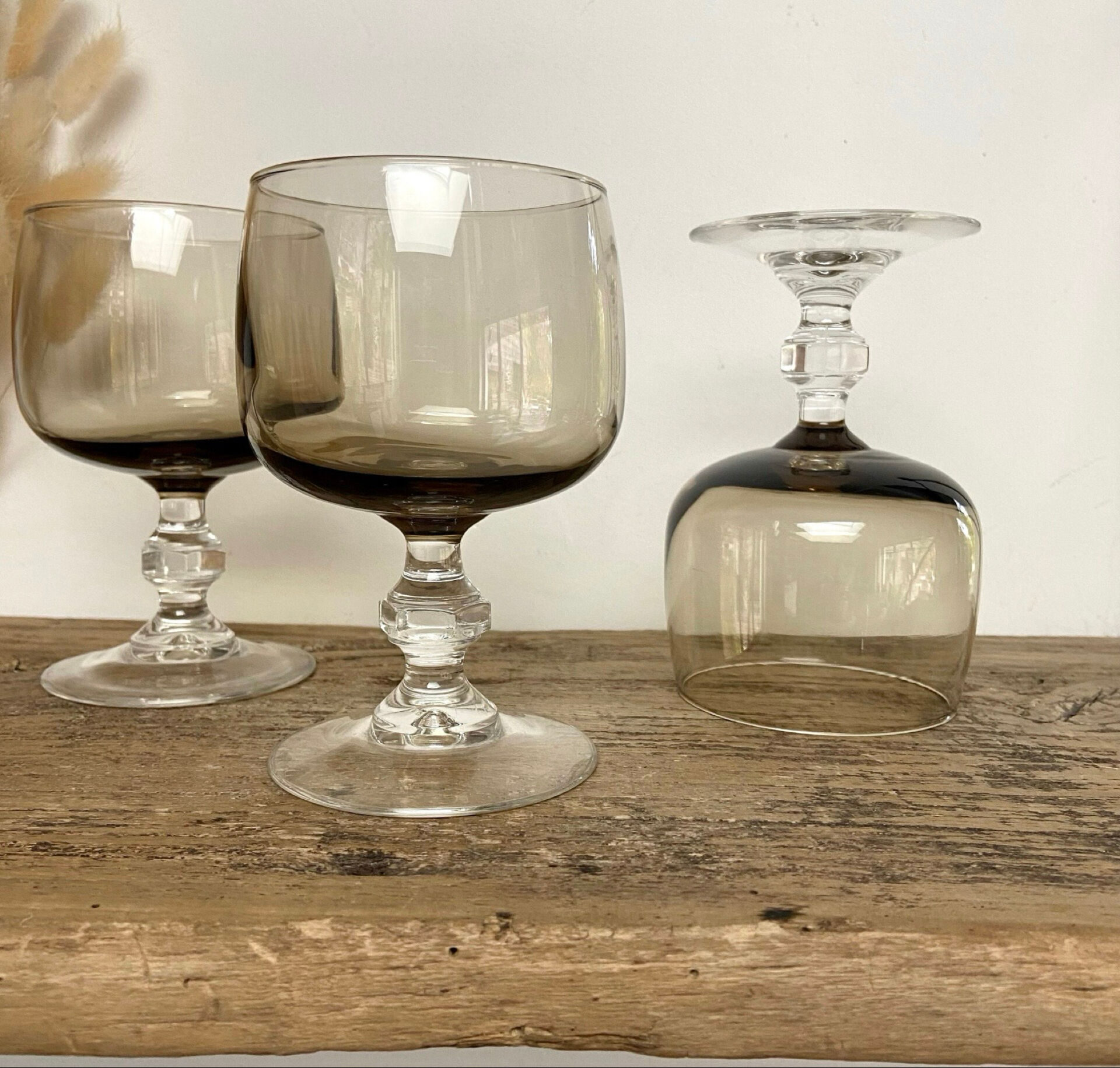 6 vintage smoked stemmed glasses