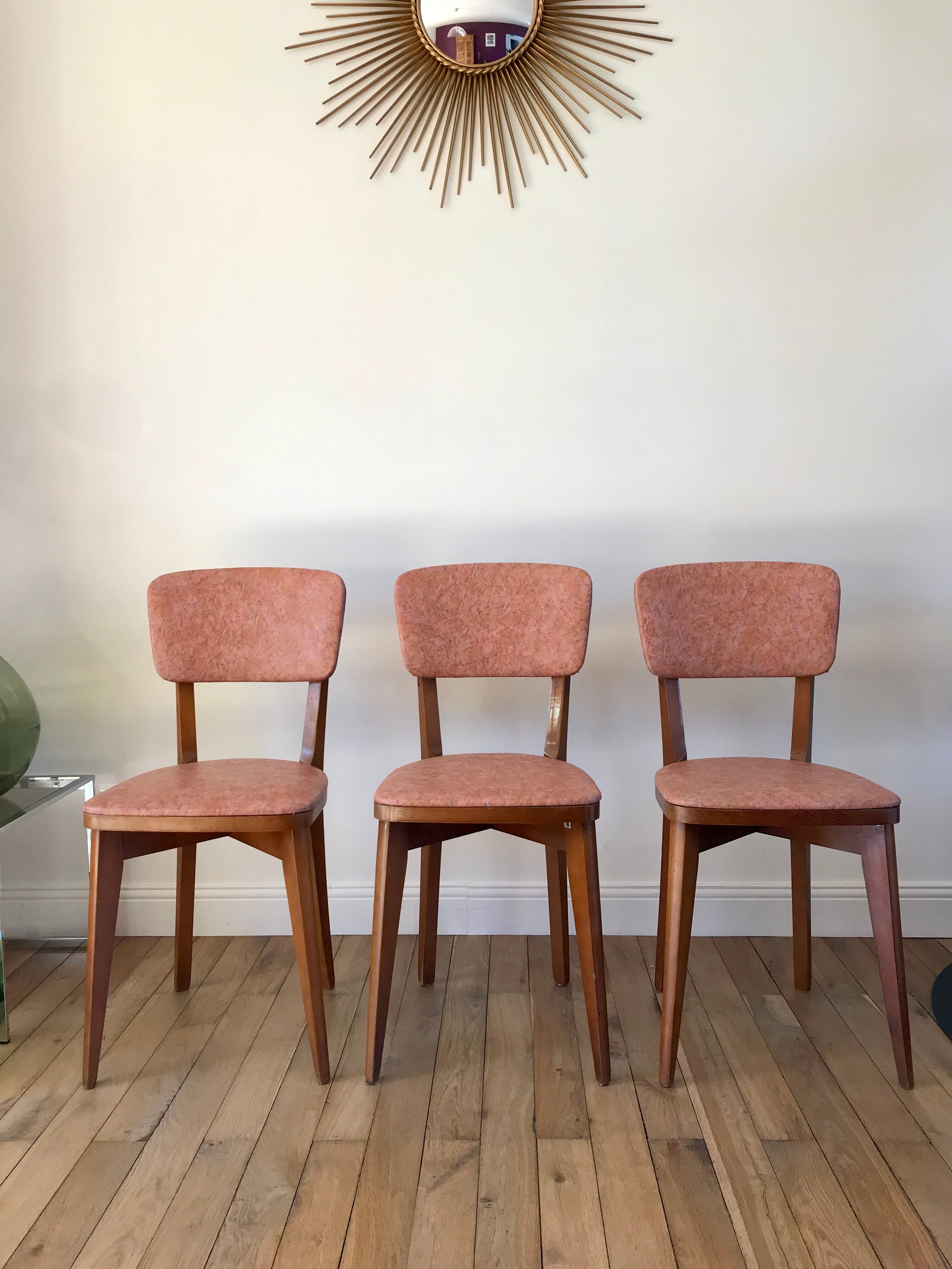 Set of 6 Scandinavian chairs in beech wood and pastel skaï 50s