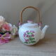Korean teapot in white ceramic pattern pink flowers handle vintage wood