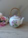 Korean teapot in white ceramic pattern pink flowers handle vintage wood
