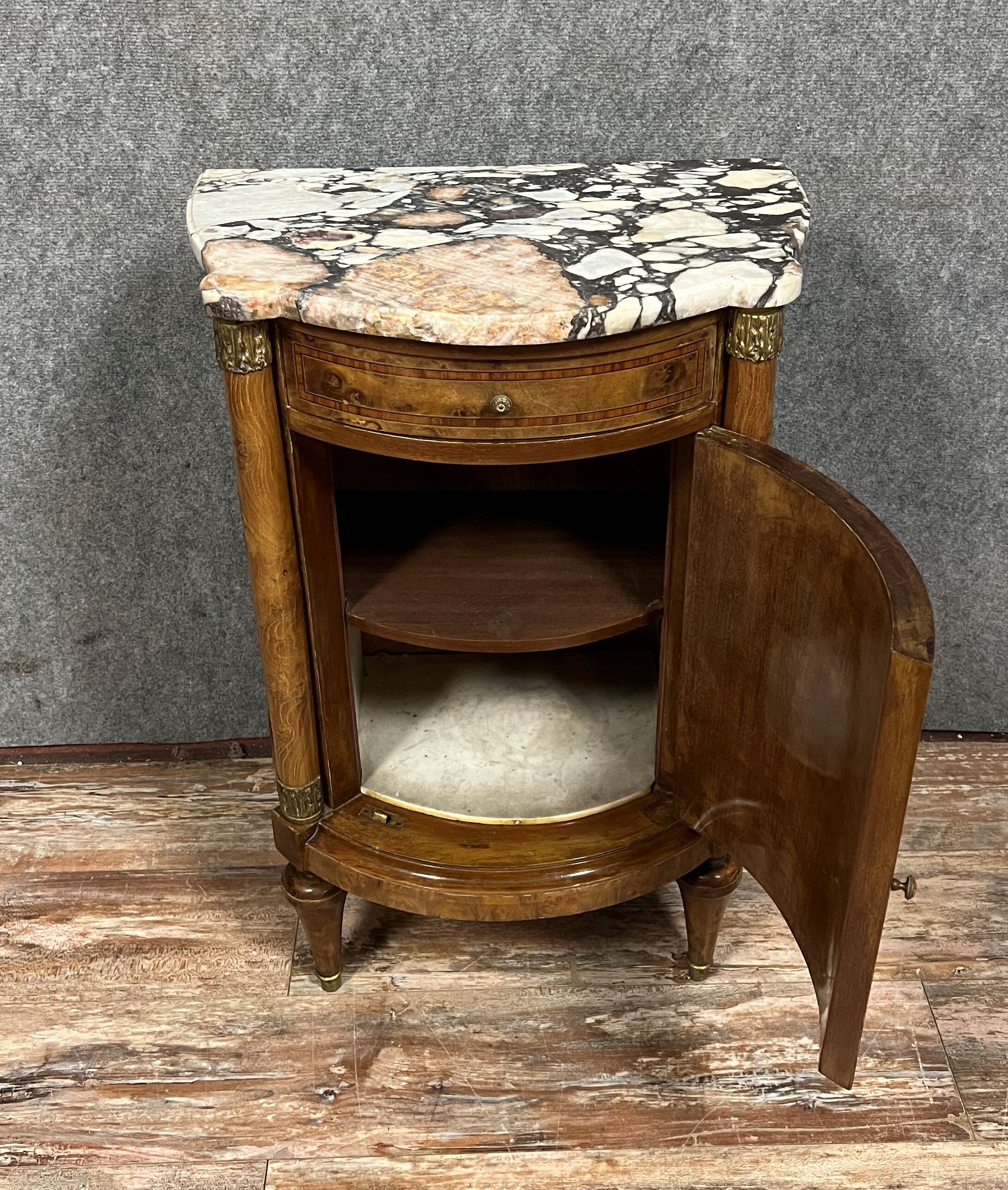 Pretty Empire style accent furniture in half-moon shape in marquetry around 1880