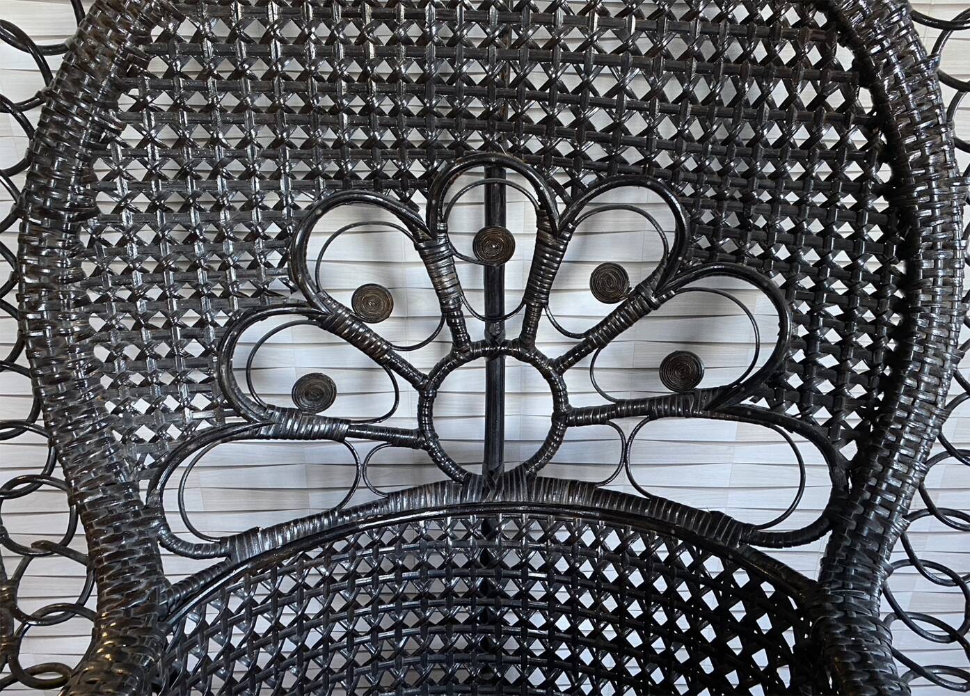 Emmanuelle armchair, peacock tail, rattan, wenge, vintage, 70s