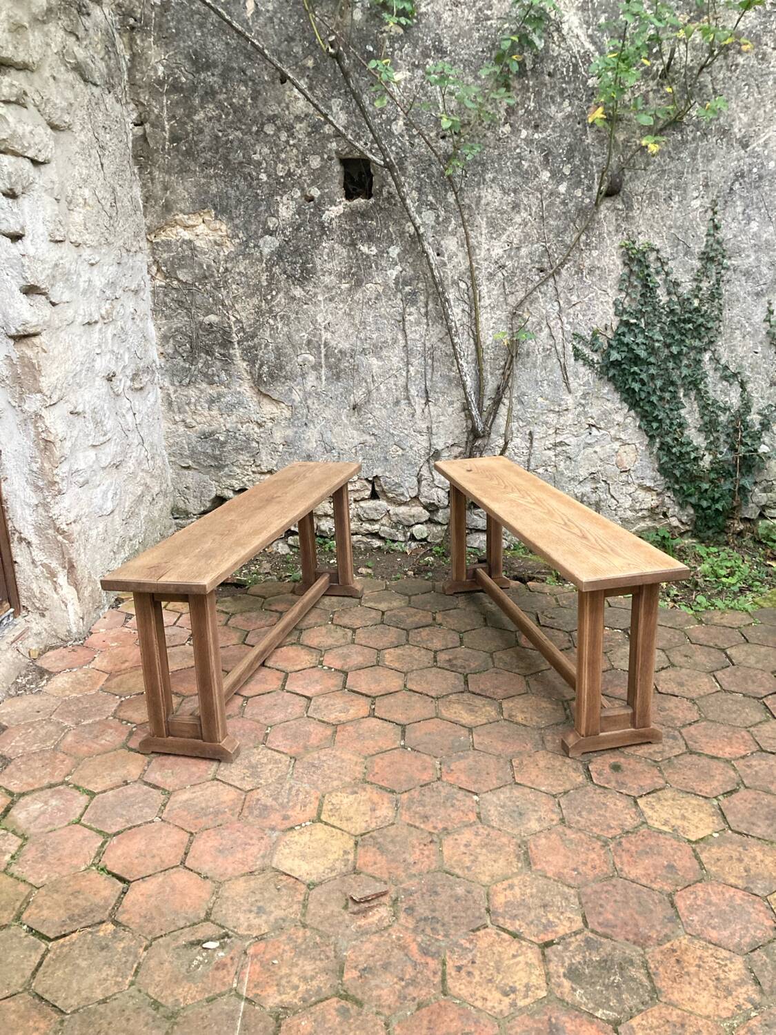 Pair of antique solid oak benches