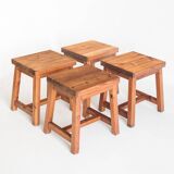 Set of 4 vintage pine stools. France, 1980s