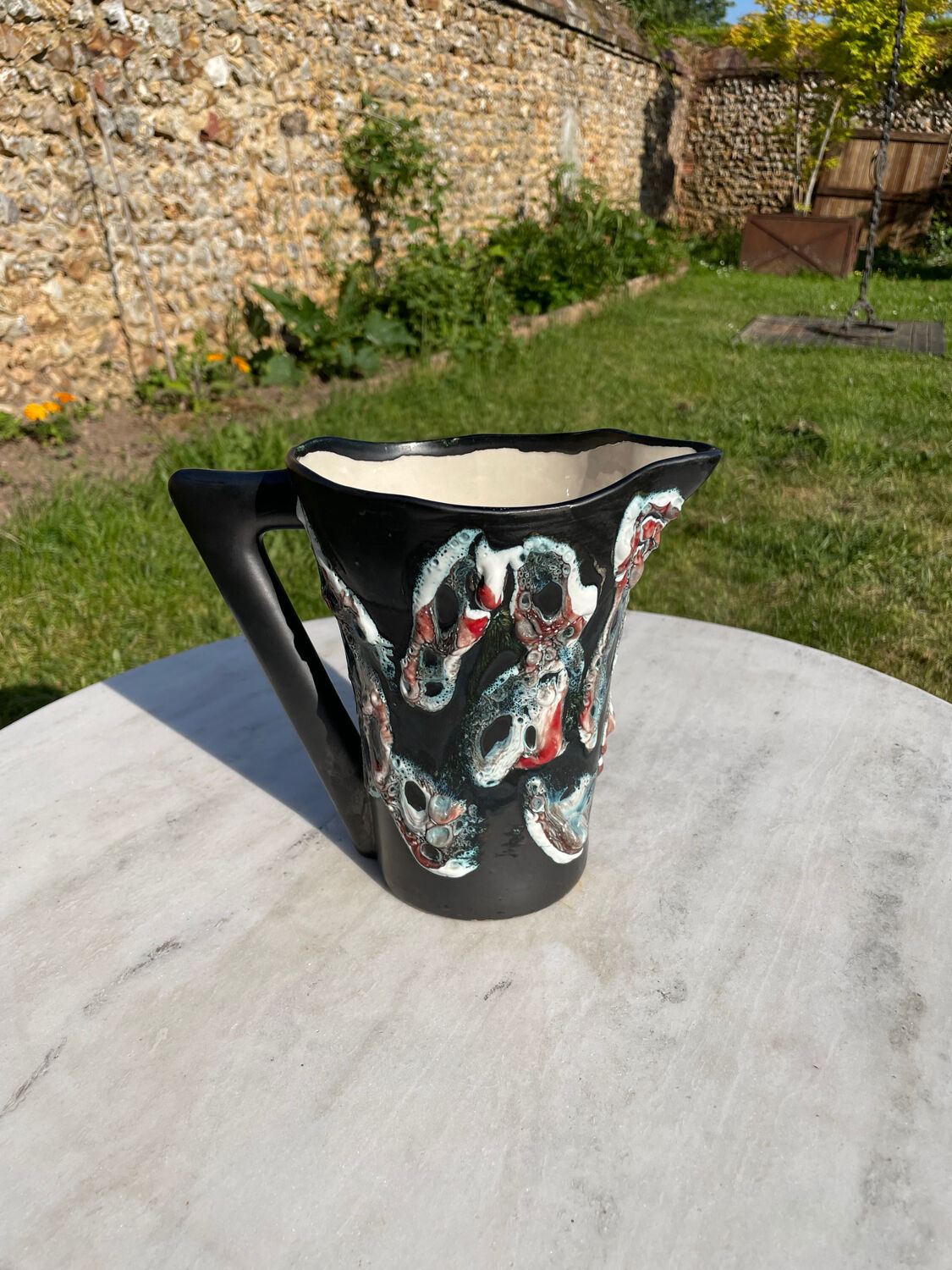 Vintage black Vallauris pitcher Sea foam