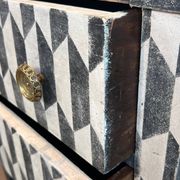 Small Italian chest of drawers with two drawers, patinated with a trompe-l'œil checkerboard pattern