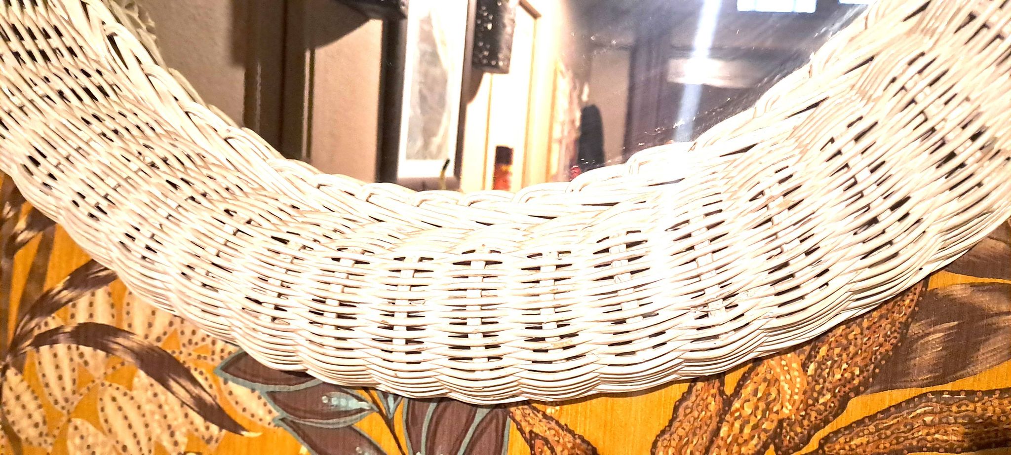 White rattan mirror, 1970s, France, decorative item for entryway or bedroom, large mirror