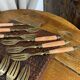 Dessert forks in brass and Bakelite in their case.