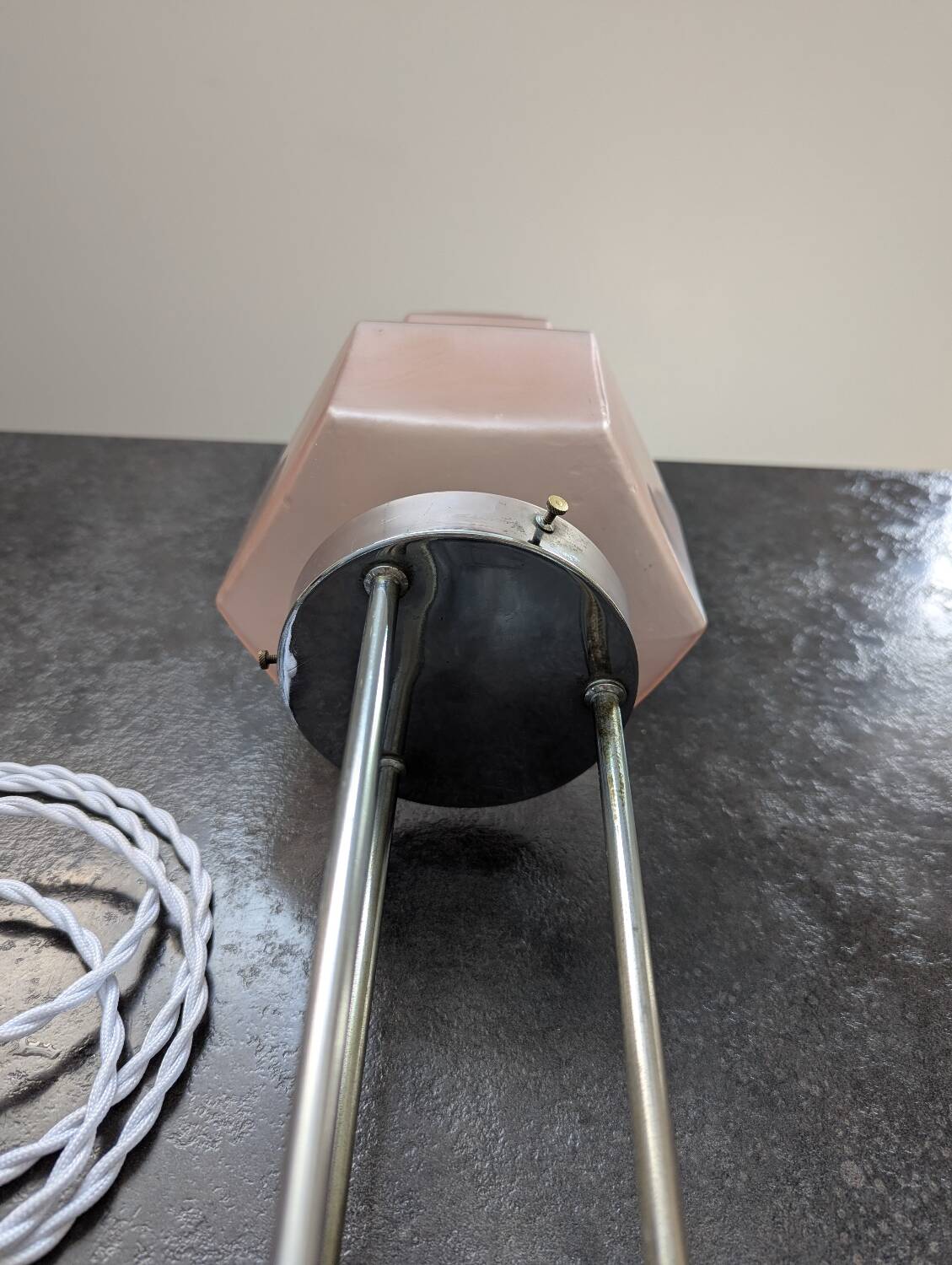 Vintage Skyscraper ceiling light, pink glass table lamp, Bauhaus Art.