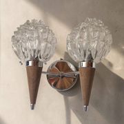 Double wall lamp in Scandinavian style - moulded glass and teak - 1960