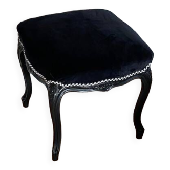 Vintage - Pouf de style Louis XV rénové - Rosaces sculptées - Velours noir et galon Houlès