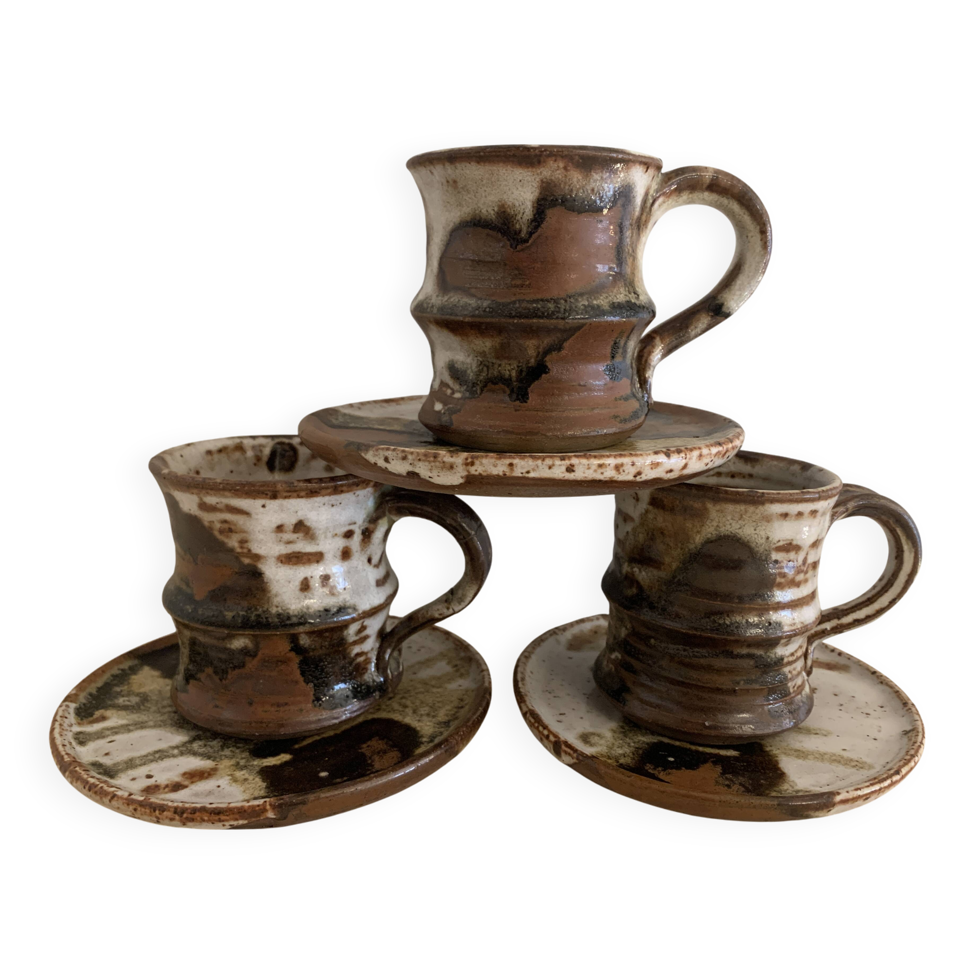 Set of 3 Danish Waldorff cups and 3 saucers in glazed stoneware