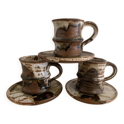 3 tasses et 3 sous tasses danoises Waldorff en grès vernissé