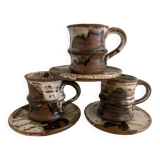Set of 3 Danish Waldorff cups and 3 saucers in glazed stoneware